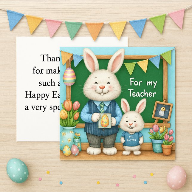 Carte de vœux spéciale de Pâques pour un professeu (For teacher, preschoolers or kindergarten designed card for teacher. Cute Easter bunny rabbits )