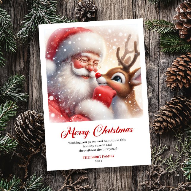 Carte de vœux traditionnelle de Noël avec Santa et (Traditional Santa And Rudolph Holiday Greeting Card)