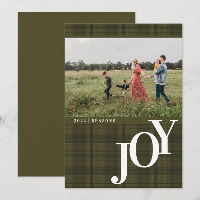 Carte de vœux verte JOY à carreaux (Devant / Derrière)