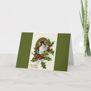 Carte de voeux verte Vintage Christmas Kitten