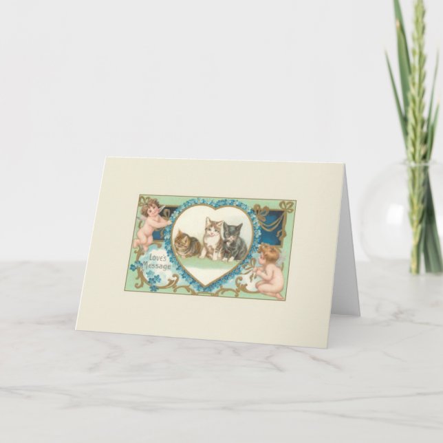 Carte de vœux victorienne avec chat et chérubin (Devant)