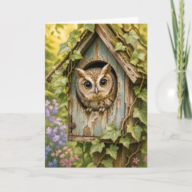Carte de vœux vierge aquarelle chouette Peekaboo (Devant)