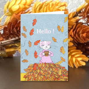Carte de vœux vierge Feuilles d'automne et chat gr