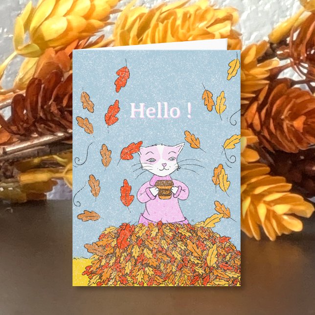 Carte de vœux vierge Feuilles d'automne et chat gr (Cute fall blank greeting card . )