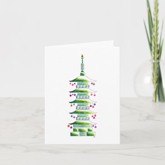 Carte de vœux vierge Pagode de Noël en chinoiserie (Devant)