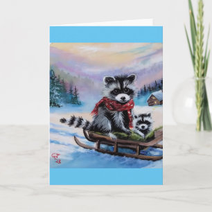 Carte de vœux vierge scène hivernale de ratons lav
