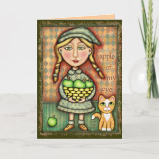 Carte de voeux vintage Apple Girl & Cat Art