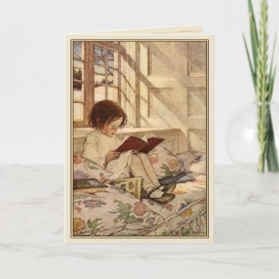 Carte de voeux vintage avec lecture douce fille