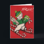 Carte de voeux Vintage Christmas Snowman<br><div class="desc">Vintage / Retro Snowman carte de Noël.  Bonjour !  Snowman ski sur les sucres de canne !</div>