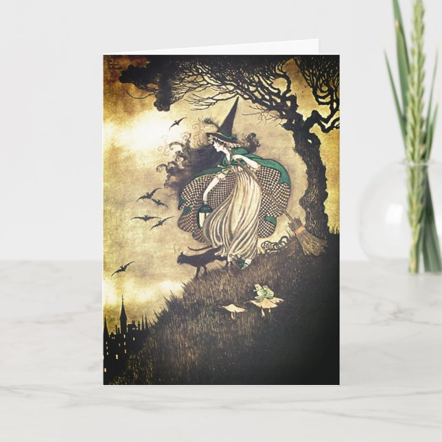 Carte de vœux vintage de sorcière d'Halloween (Devant)
