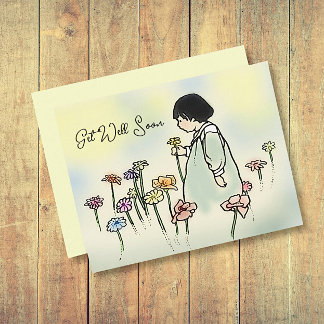 Carte de vœux vintage enfant aux fleurs pour un pr