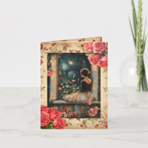 Carte de vœux vintage fille Saint-Valentin à plat 