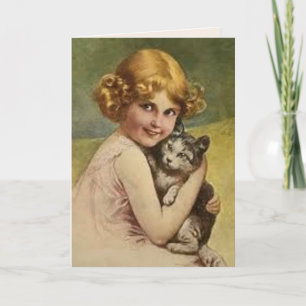 Carte de vœux vintage fille victorienne avec chat