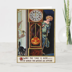 Carte de vœux vintage Halloween sorcière de minuit