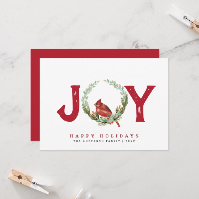 Carte de voeux vintage Joy Red Bird Wreath (Devant/Arrière en situation)