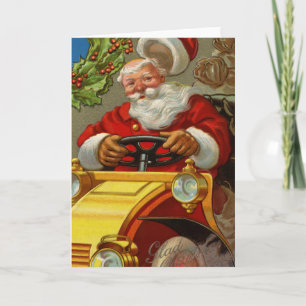Carte de voeux vintage Père Noël Driving a Yellow 