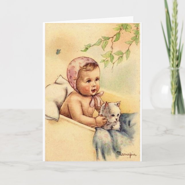 Carte de voeux vintage pour bébé et chaton (Devant)