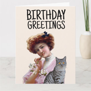 Carte de vœux vintage VICTORIENNE AVEC CHAT