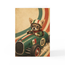 Carte de vœux voiture de course Chihuahua