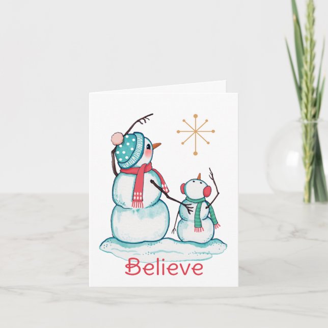 Carte de voeux Watercolor Snowman et Star Believe (Devant)