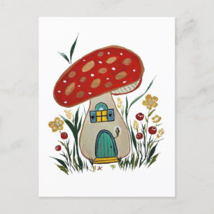 Carte de voeux whimsical champignon, maison de fée