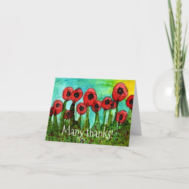 Carte de voeux Whimsical Red Poppies Merci (Devant)