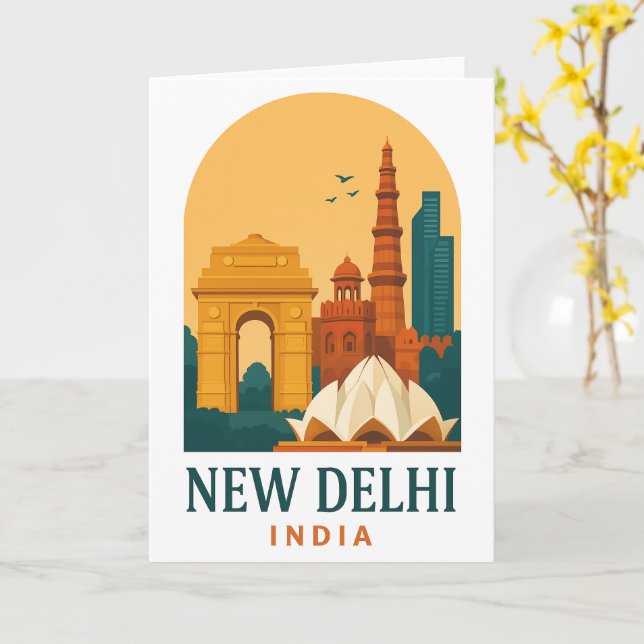 Carte de voyage rétro de New Delhi Inde – Rétro (Fleur jaune)