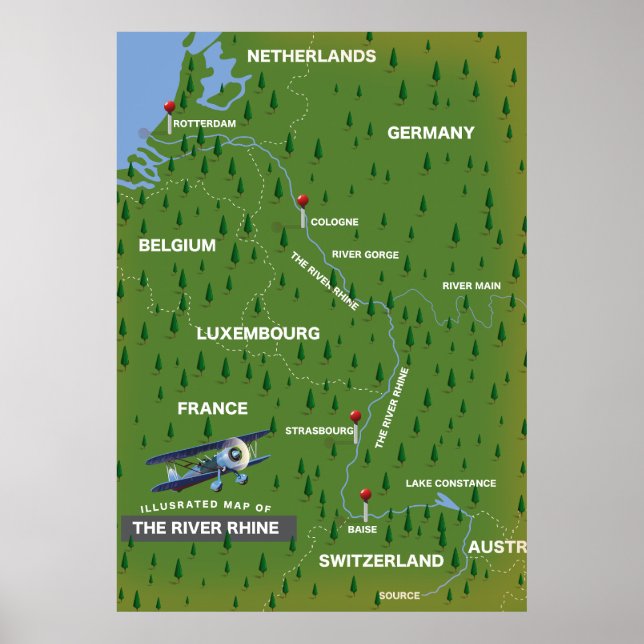 Carte de voyage rétro du fleuve Rhin. Affiche (Devant)
