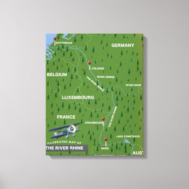 Carte de voyage rétro du Rhin. Impression sur toil (Recto)