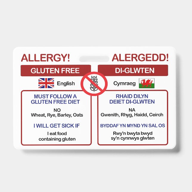 Carte de voyage sans gluten WELSH | Badge d'allerg (Avant)