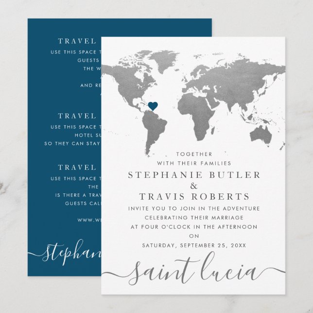 Carte de voyage Silver World pour un mariage de de (Devant / Derrière)