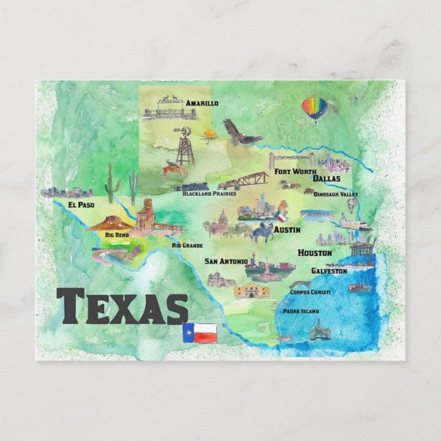 Carte de voyage USA Texas avec points forts (Devant)