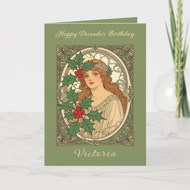 Carte December Birthday Art Nouveau Holly Berries (Devant)
