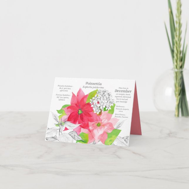 Carte Décembre Anniversaire Poinsettia Narcisse Mois de  (Devant)