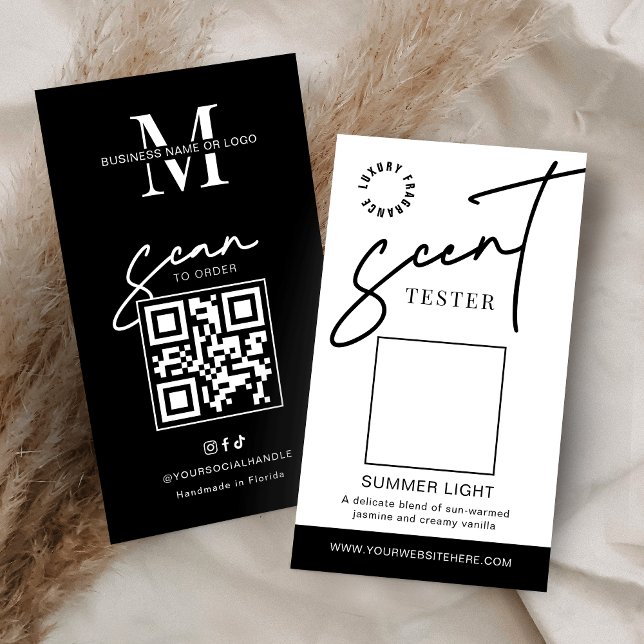 Carte d'échantillon de parfum de bougie pour teste (Minimalist scent sample cards in black and white with space for your logo and QR code)