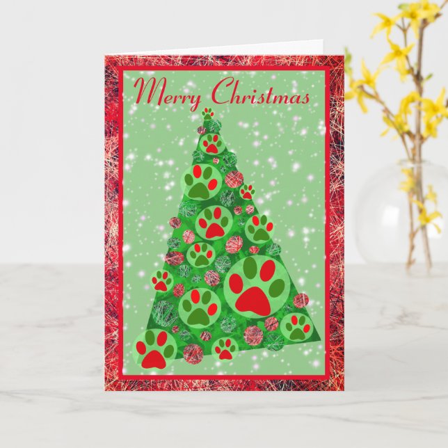Carte Décor d'arbre de Noël Paw Animal Vert Rouge (Fleur jaune)