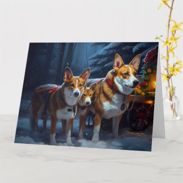 Carte Décor de Noël Basenji Snowy Sleigh (Fleur jaune)