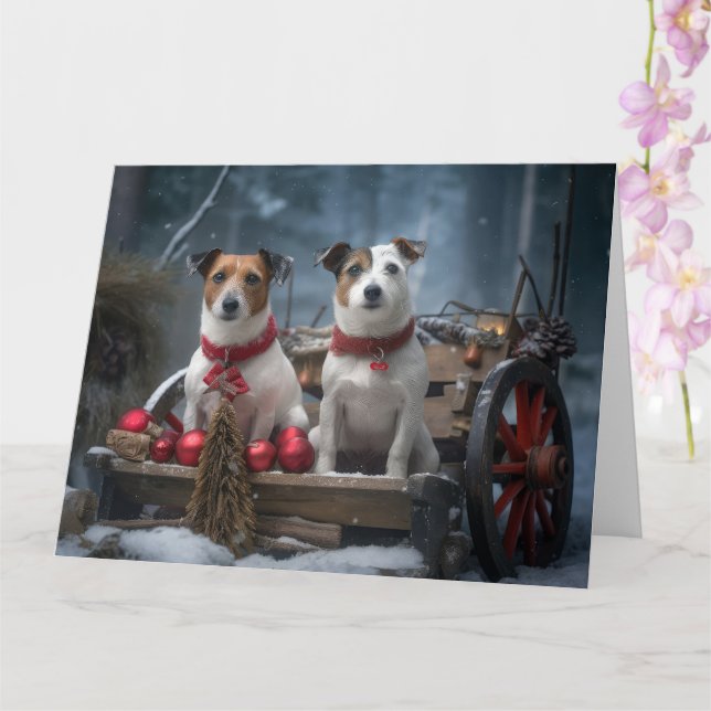 Carte Décor de Noël Chariot enneigé Jack Russell  (Orchidée)