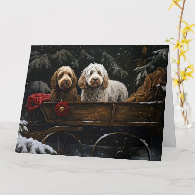Carte Décor de Noël Cockapoo Snowy Sleigh (Fleur jaune)