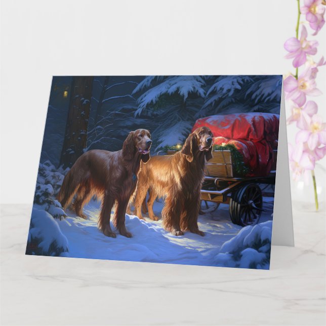 Carte Décor de Noël de Snowy Sleigh Setter rouge irlanda (Orchidée)