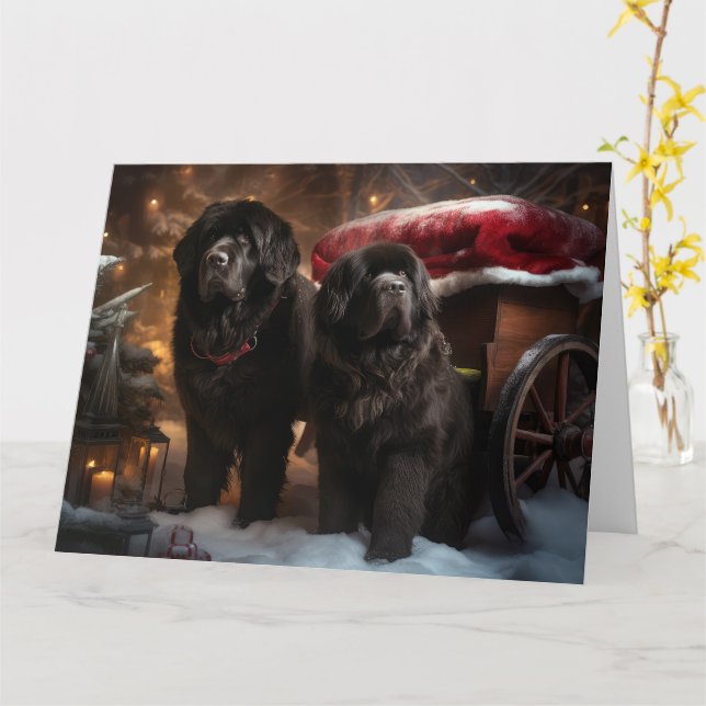 Carte Décor de Noël de Terre-Neuve Snowy Sleigh (Fleur jaune)
