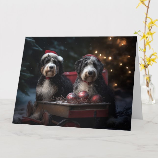 Carte Décor de Noël de traîneau enneigé Bernedoodle  (Fleur jaune)