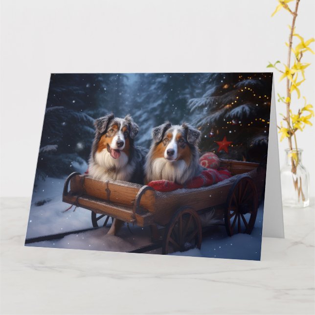 Carte Décor de Noël du berger australien Snowy Sleigh (Fleur jaune)