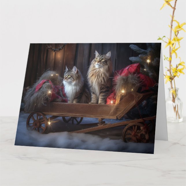 Carte Décor de Noël du Maine Coon Snowy Sleigh (Fleur jaune)