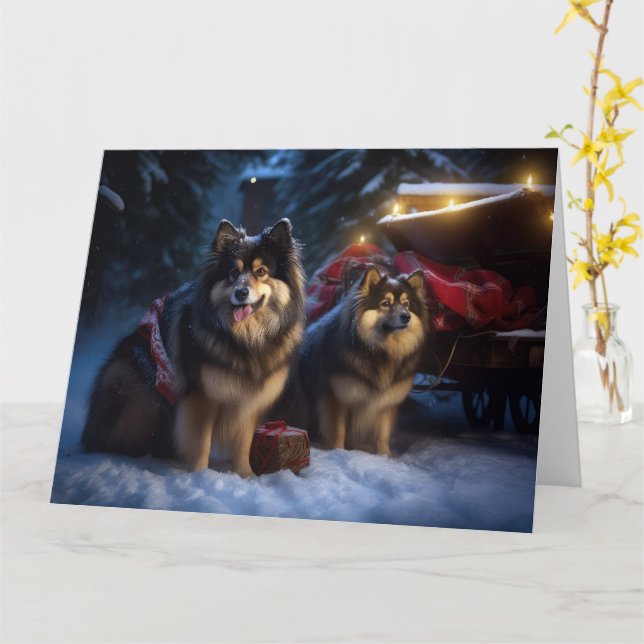 Carte Décor de Noël Lapphund Snowy Sleigh (Fleur jaune)