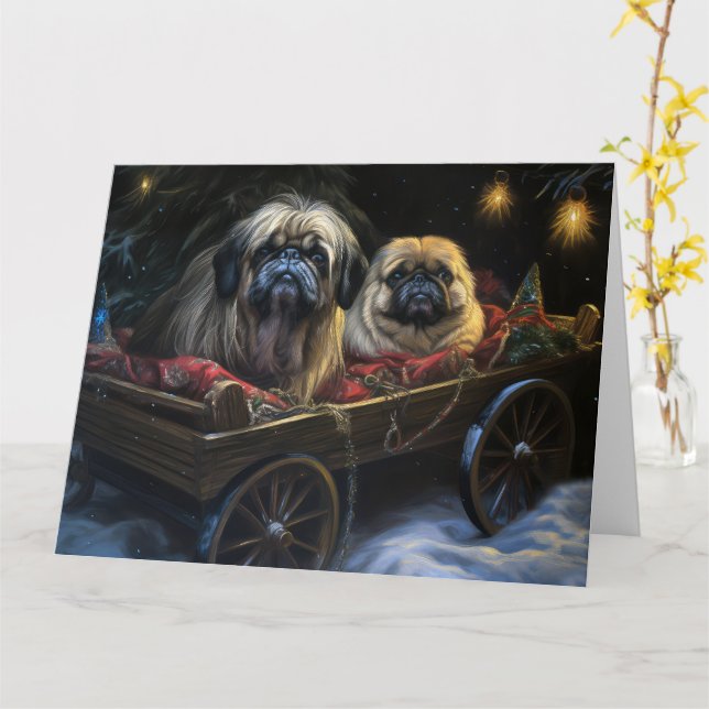 Carte Décor de Noël Pekingese Snowy Sleigh (Fleur jaune)