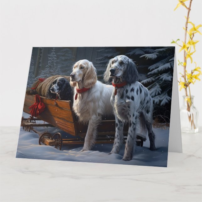Carte Décor de Noël Snowy Sleigh Setter anglais (Fleur jaune)