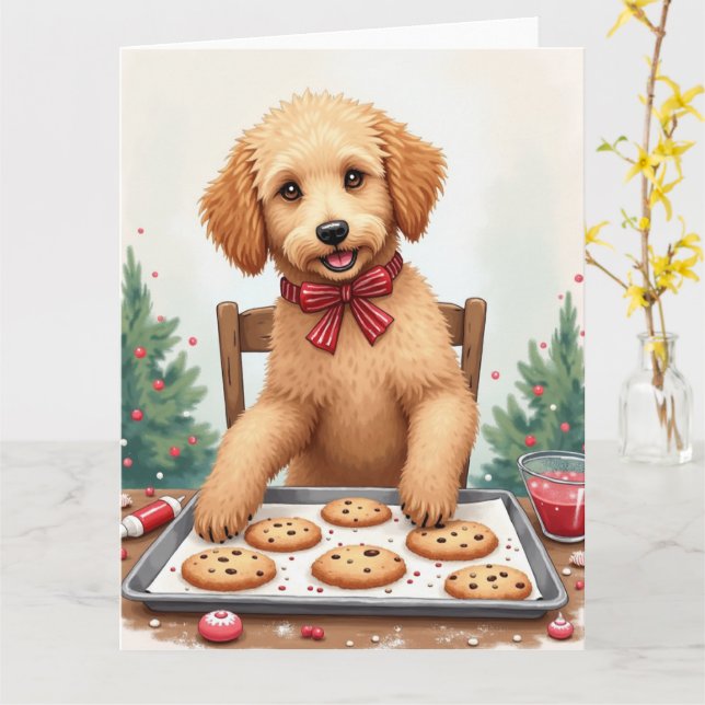 Carte Décoration de biscuits de Noël par un Golden Doodl (Fleur jaune)