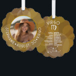 Carte Décorative Astrologie Virgo Zodiac Signet photo Date de naiss<br><div class="desc">Personnalisez ce ornement de carte à pendre zodiaque avec une photo, la date de naissance et le nom. Un design d'anniversaire personnalisé avec le signe zodiaque - Virgo - plus traits de personnalité, information et constellation. Une couleur brune chaleureuse associée à Virgo est le design principal derrière tous les détails...</div>