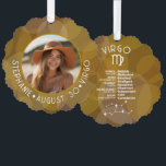 Carte Décorative Astrologie Virgo Zodiac Signet photo Date de naiss<br><div class="desc">Personnalisez ce ornement de carte à pendre zodiaque avec une photo, la date de naissance et le nom. Un design d'anniversaire personnalisé avec le signe zodiaque - Virgo - plus traits de personnalité, information et constellation. Une couleur brune chaleureuse associée à Virgo est le design principal derrière tous les détails...</div>